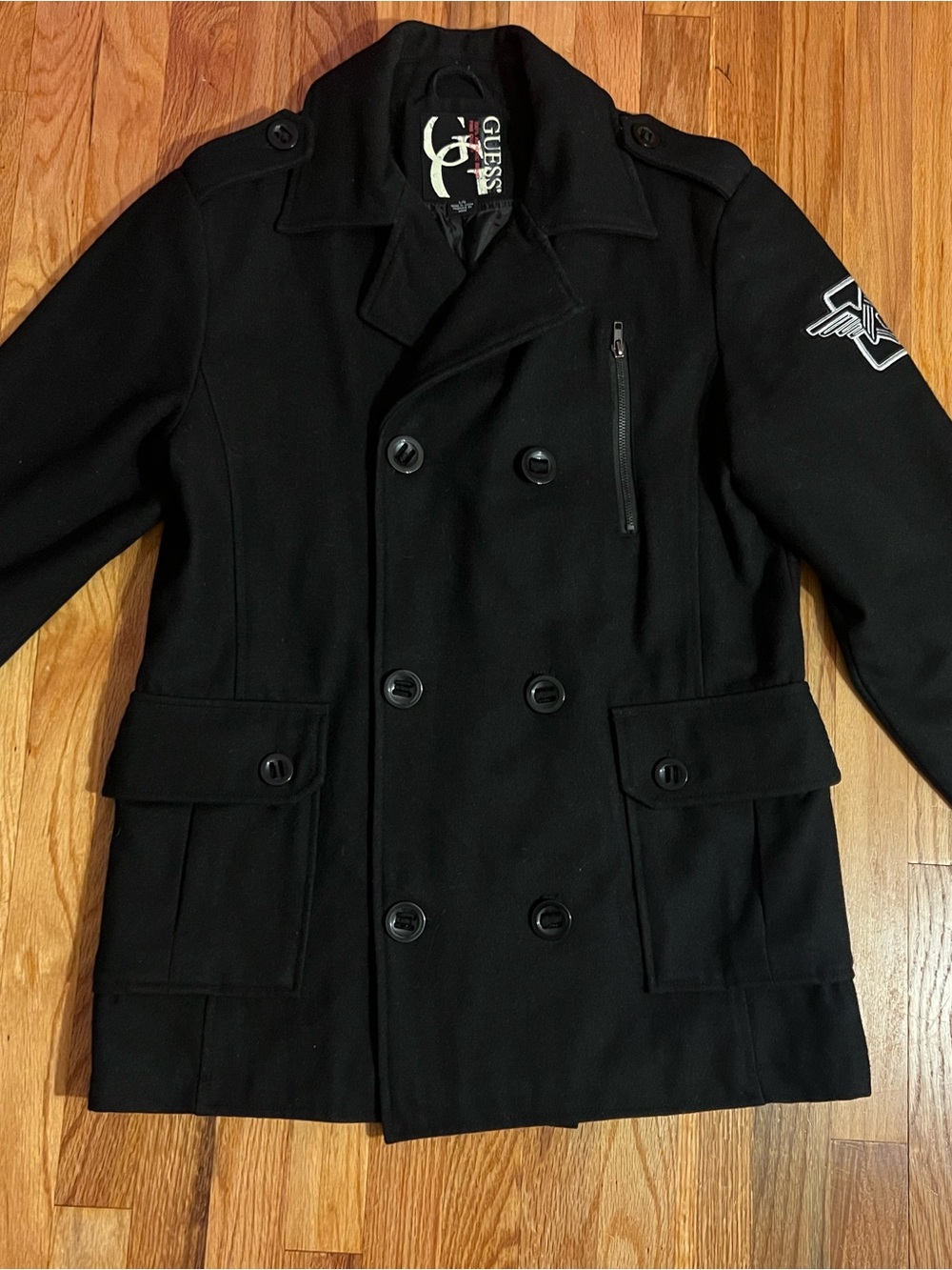 GUESS Black Double-Breasted Peacoat with Epaulets